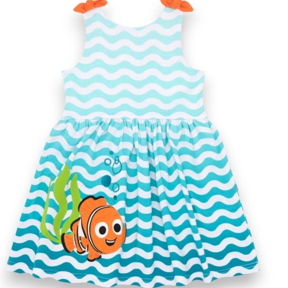 Blue and White Wave Dress with Orange Fish Design